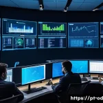 Home 18 SIEM 시스템의 실패 사례 분석 및 교훈 - A modern cybersecurity operations center with diverse Brazilian analysts monitoring multiple large d...