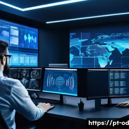 Home 29 사이버 위협의 진화와 SIEM의 대응 전략 - A high-tech corporate cybersecurity operations center with a diverse team of professionals analyzing...