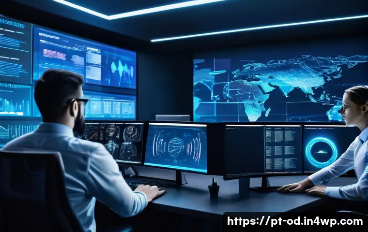 사이버 위협의 진화와 SIEM의 대응 전략 - A high-tech corporate cybersecurity operations center with a diverse team of professionals analyzing...