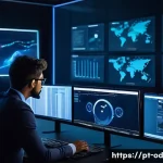 Home 16 SIEM을 활용한 컴플라이언스 규제 준수 방법 - A modern cybersecurity operations center featuring a diverse team of professionals monitoring multip...