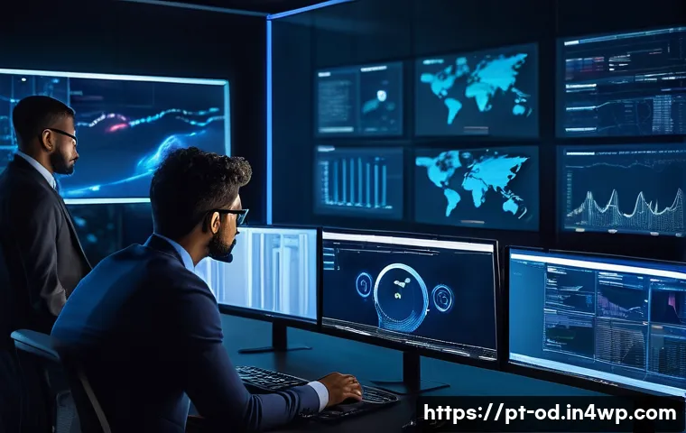 SIEM을 활용한 컴플라이언스 규제 준수 방법 - A modern cybersecurity operations center featuring a diverse team of professionals monitoring multip...
