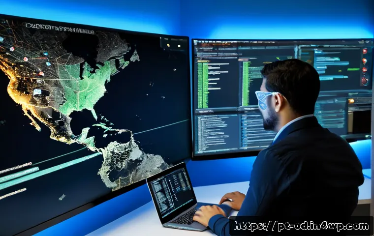 Home 17 위협 헌팅을 위한 SIEM의 활용 가능성 - Photorealistic cybersecurity analyst in a modern Lisbon office, studying a large dark security monit...